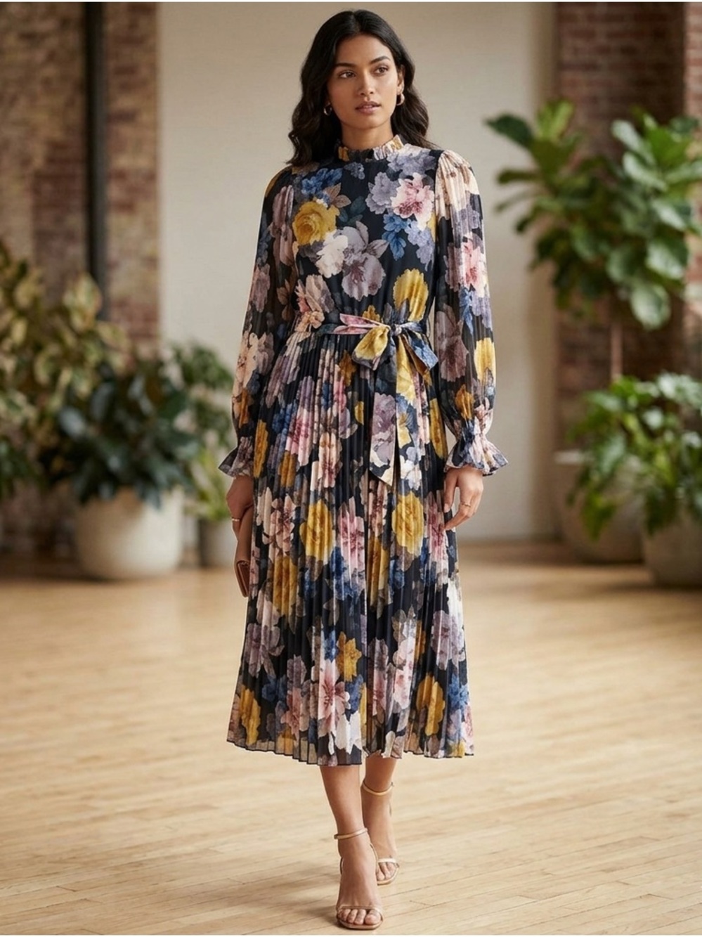 Versona Black Floral Pleated Long Sleeve Midi Dress with Yellow & Blue Blooms